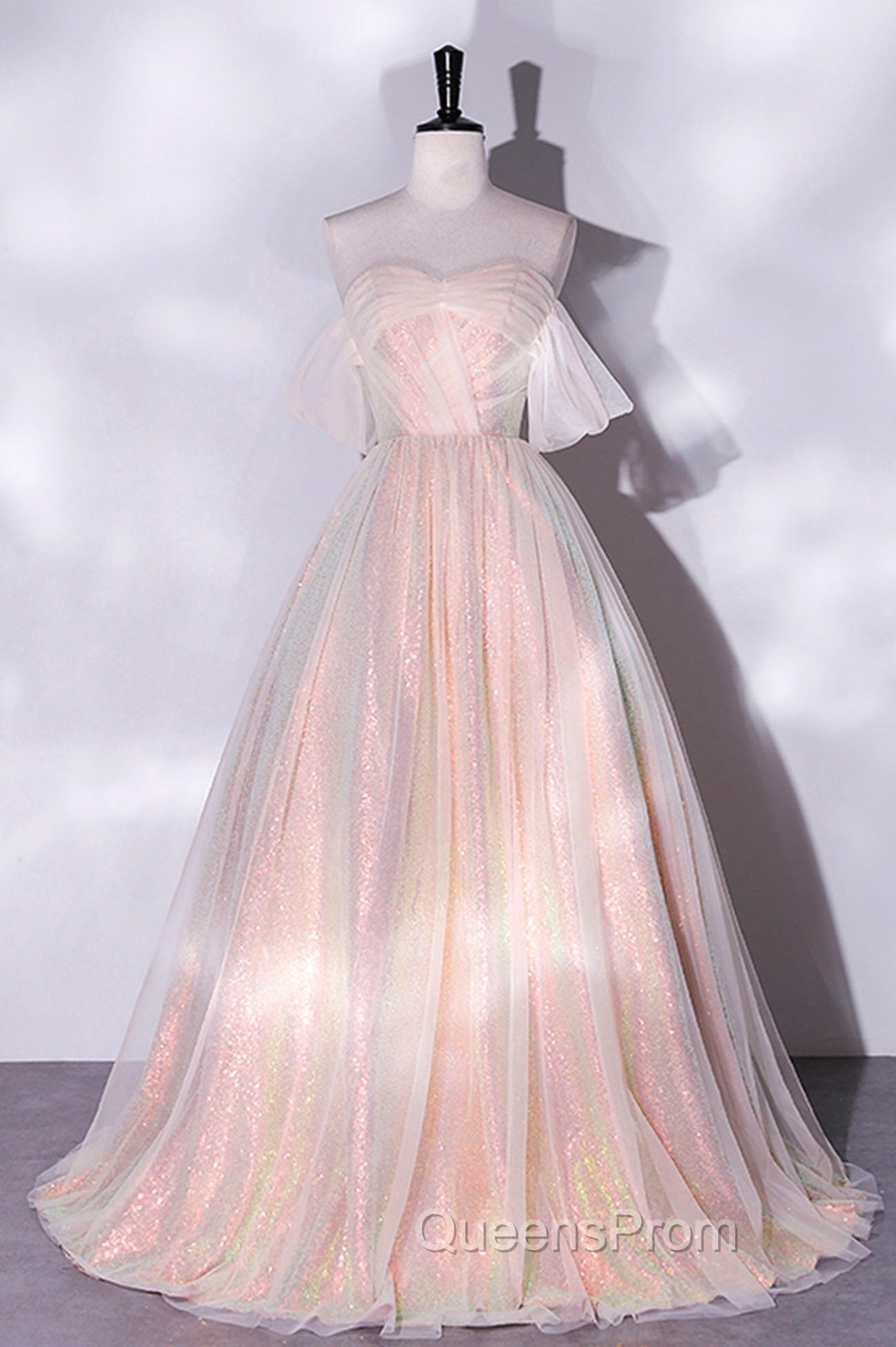 Champagne Sequins Long A-Line Evening Prom Dress, Off the Shoulder Evening Party Dress Main image