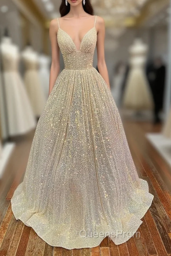 Champagne Sequins Long A-Line Evening Prom Dress, Shiny V-Neck Spaghetti Straps Party Dress Main image