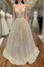 Champagne Sequins Long A-Line Evening Prom Dress, Shiny V-Neck Spaghetti Straps Party Dress