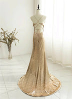 Champagne Sequins Long Evening Prom Dress, Sequins Champagne Evening Dress
