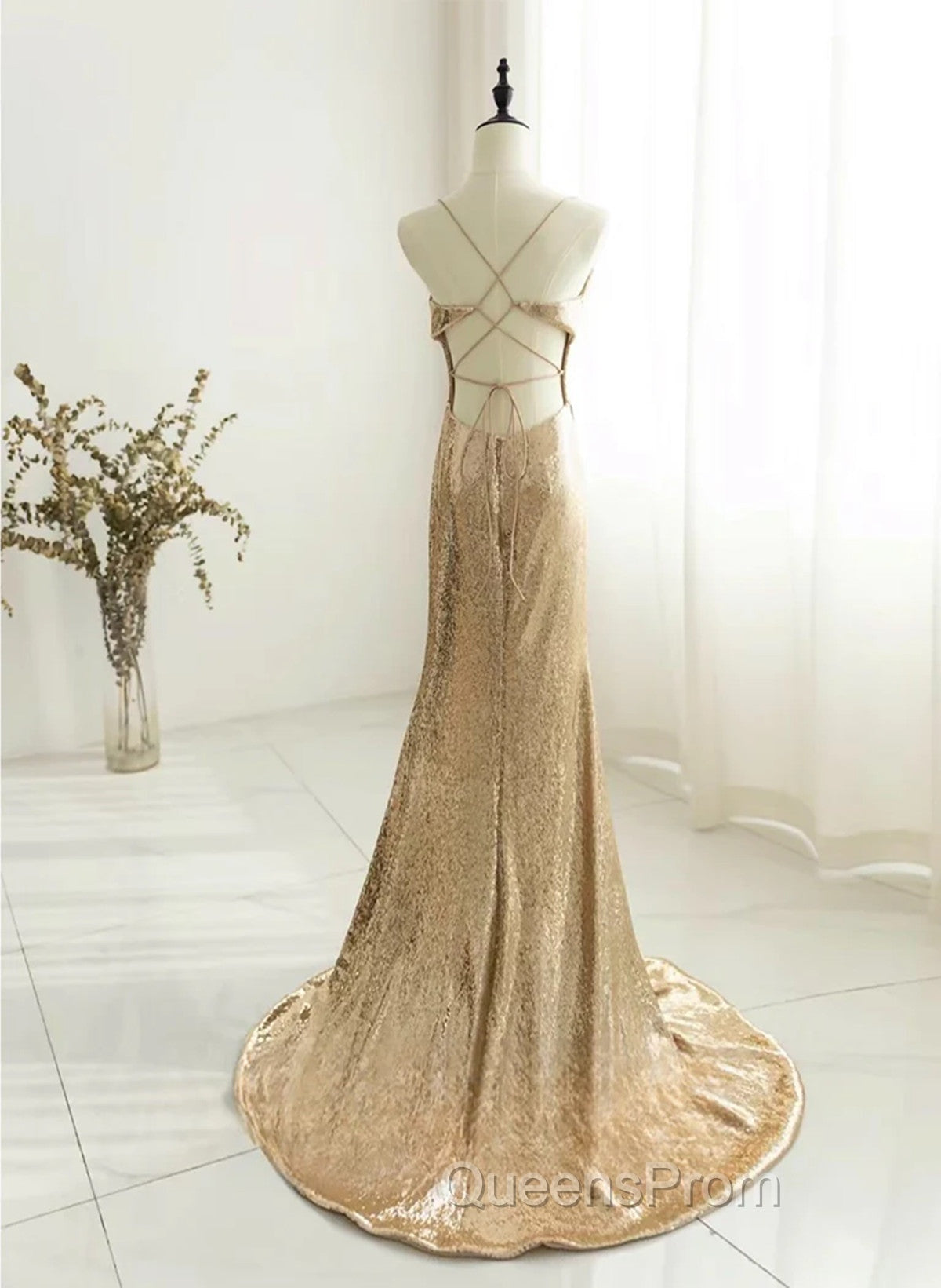 Champagne Sequins Long Evening Prom Dress, Sequins Champagne Evening Dress