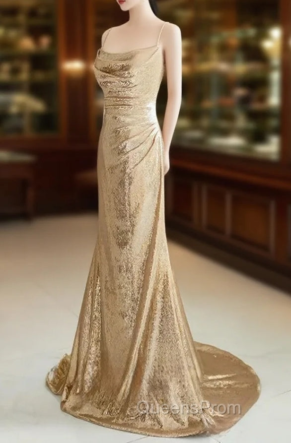 Champagne Sequins Long Evening Prom Dress, Sequins Champagne Evening Dress
