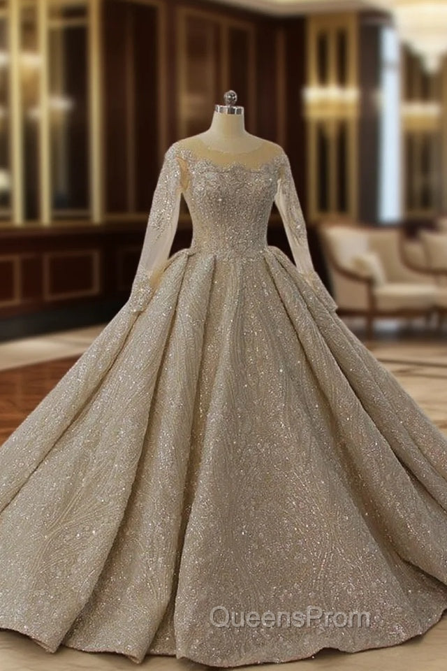 Champagne Sequins Long Sleeve Backless Wedding Dress Main image