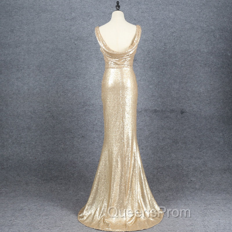 Champagne Sequins Low Back Long Bridesmaid Dress, Mermaid Evening Prom Dress Party Dress Secondary image