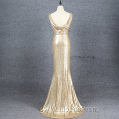Champagne Sequins Low Back Long Bridesmaid Dress, Mermaid Evening Prom Dress Party Dress