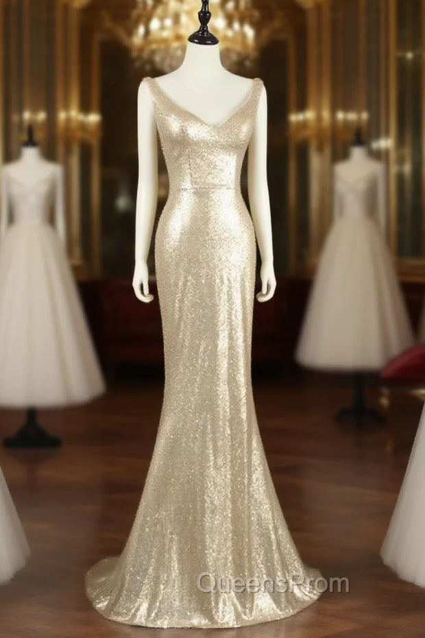 Champagne Sequins Low Back Long Bridesmaid Dress, Mermaid Evening Prom Dress Party Dress Main image