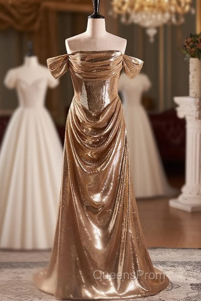 Champagne Sequins Off the Shoulder Pleats Evening Prom Dress