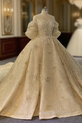 Champagne Sequins Puff Sleeve Appliques Beading Wedding Dress