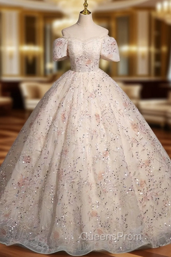 Champagne Sequins Puff Sleeve Pleats Quinceanera Dress