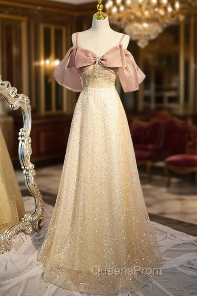 Champagne Sequins Straps Bow Evening Prom Dress Main image
