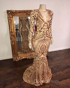 Champagne Sequins V-Neck Long Sleevess Mermaid Evening Prom Dress