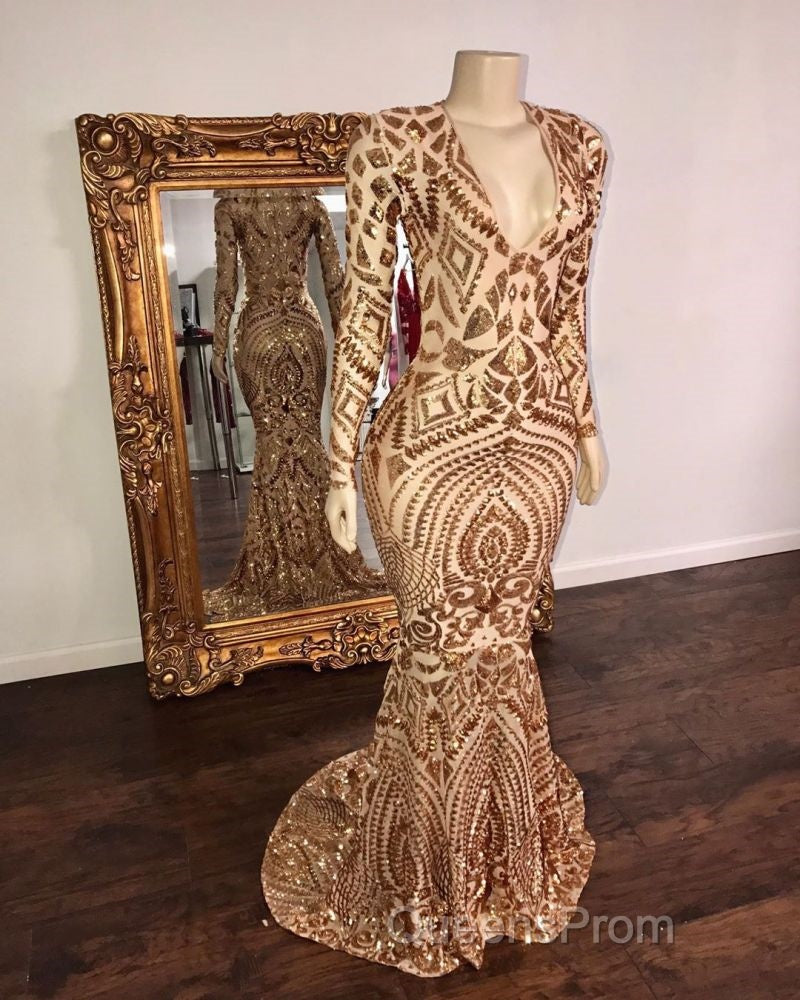 Champagne Sequins V-Neck Long Sleevess Mermaid Evening Prom Dress