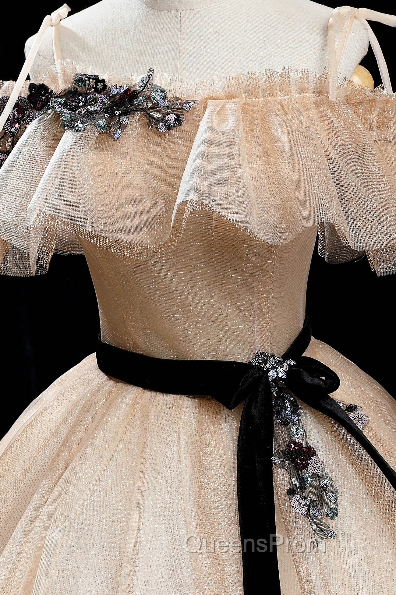 Champagne Shiny Tulle Floor Length Evening Prom Dress, Off the Shoulder Evening Dress