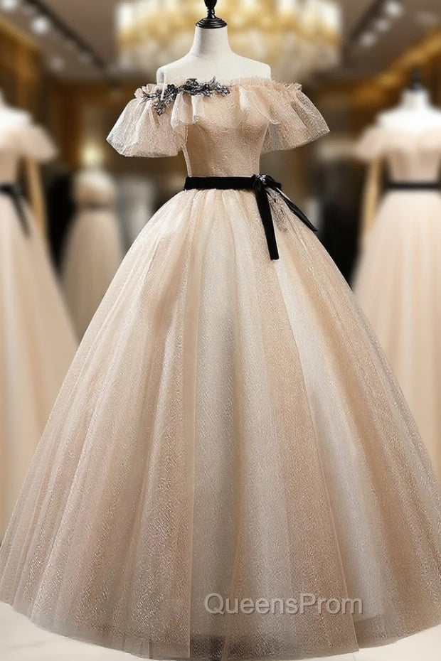 Champagne Shiny Tulle Floor Length Evening Prom Dress, Off the Shoulder Evening Dress