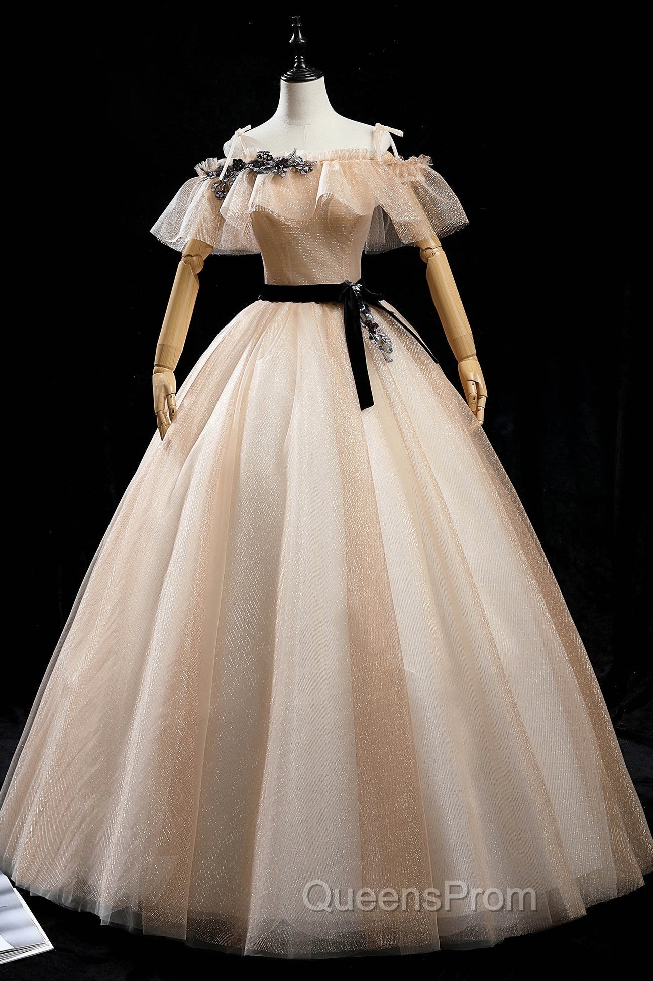 Champagne Shiny Tulle Floor Length Evening Prom Dress, Off the Shoulder Evening Dress Main image