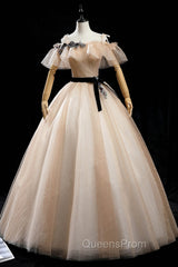 Champagne Shiny Tulle Floor Length Evening Prom Dress, Off the Shoulder Evening Dress