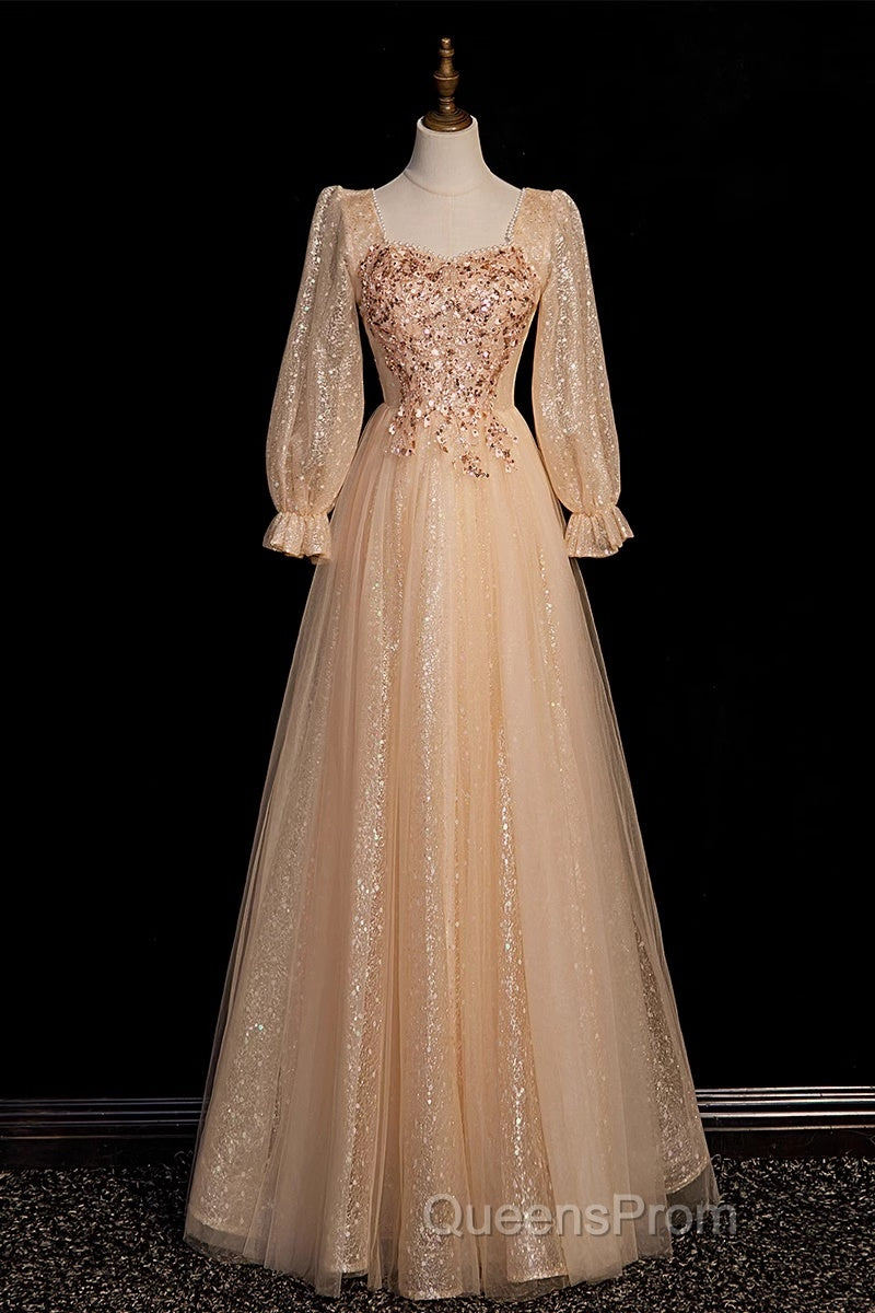 Champagne Short Sleeves Beaded Long Party Dress, A-Line Tulle Evening Prom Dress Secondary image