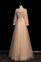 Champagne Short Sleeves Beaded Long Party Dress, A-Line Tulle Evening Prom Dress