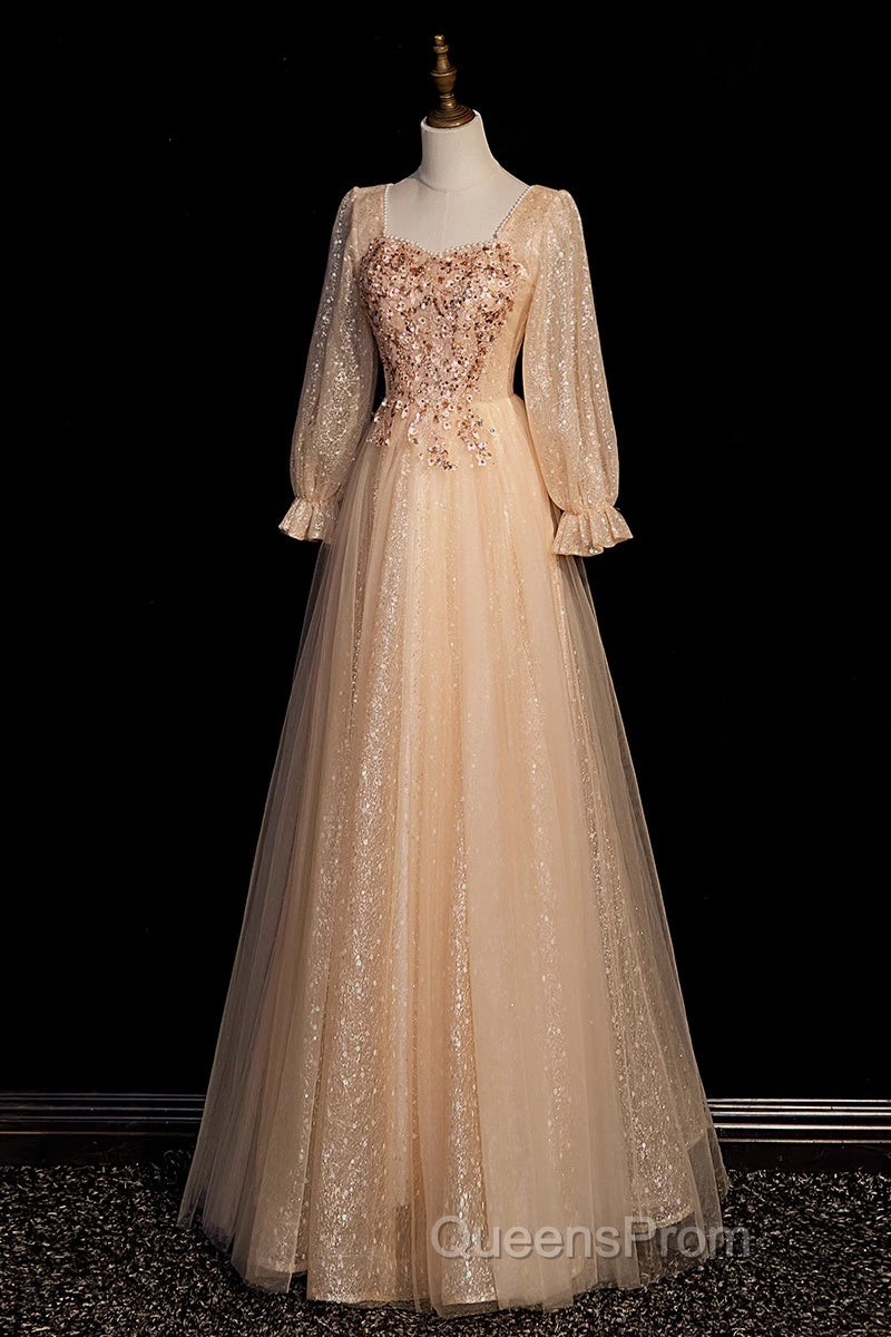 Champagne Short Sleeves Beaded Long Party Dress, A-Line Tulle Evening Prom Dress