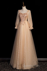 Champagne Short Sleeves Beaded Long Party Dress, A-Line Tulle Evening Prom Dress