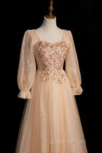 Champagne Short Sleeves Beaded Long Party Dress, A-Line Tulle Evening Prom Dress