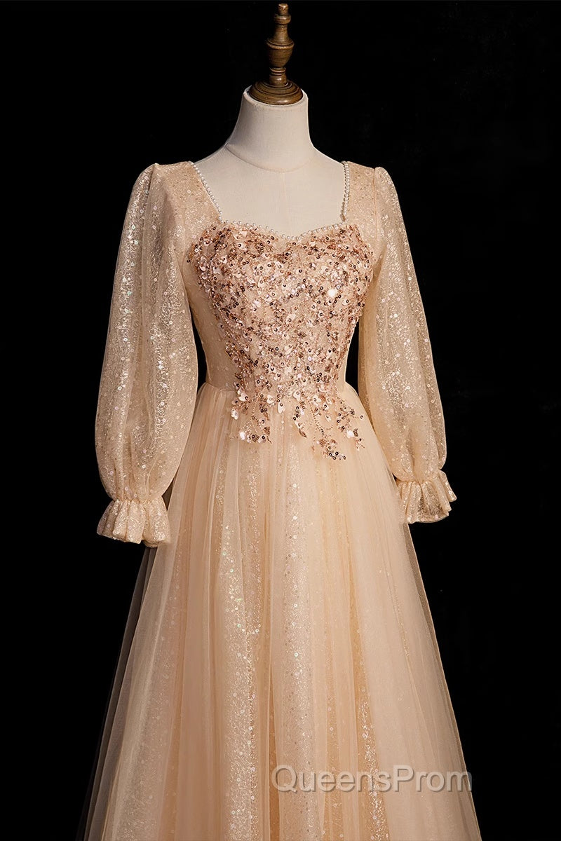 Champagne Short Sleeves Beaded Long Party Dress, A-Line Tulle Evening Prom Dress