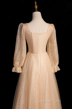 Champagne Short Sleeves Beaded Long Party Dress, A-Line Tulle Evening Prom Dress