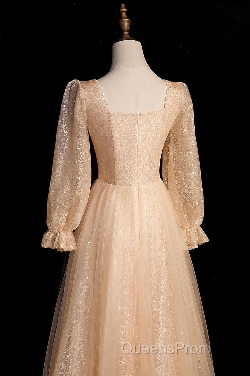 Champagne Short Sleeves Beaded Long Party Dress, A-Line Tulle Evening Prom Dress