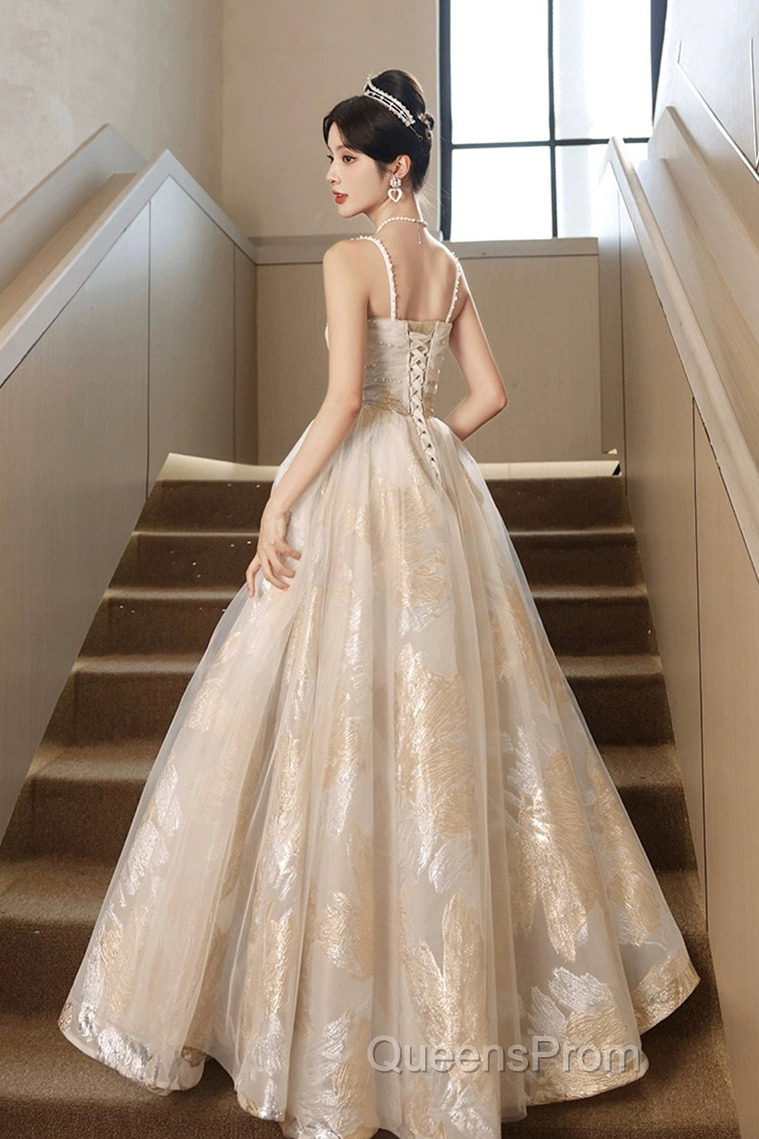 Champagne Spaghetti Strap Tulle Formal Dress, A-Line Sweetheart Neck Evening Party Dress Secondary image