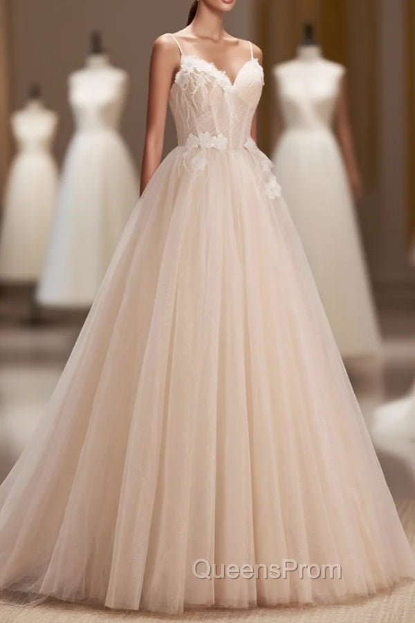 Champagne Spaghetti Strap Tulle Evening Dress with Feathers, Cute A-Line Evening Dress