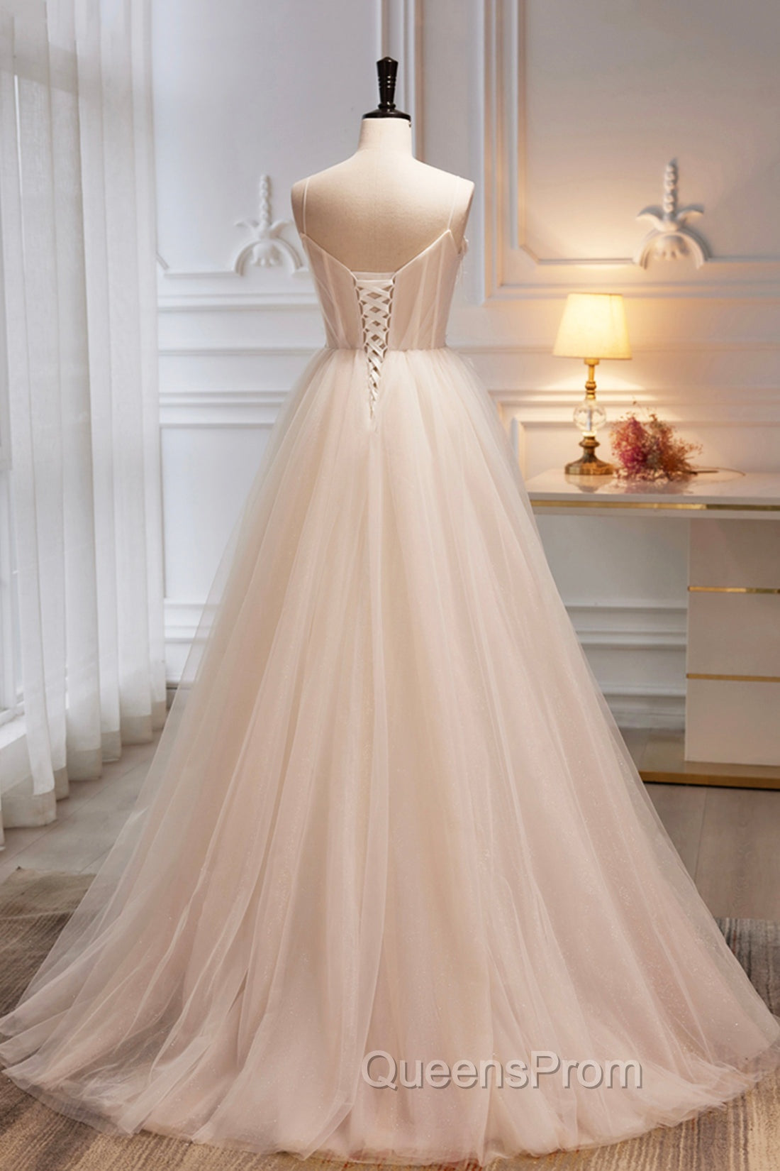 Champagne Spaghetti Strap Tulle Evening Dress with Feathers, Cute A-Line Evening Dress