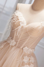 Champagne Spaghetti Strap Tulle Evening Dress with Feathers, Cute A-Line Evening Dress
