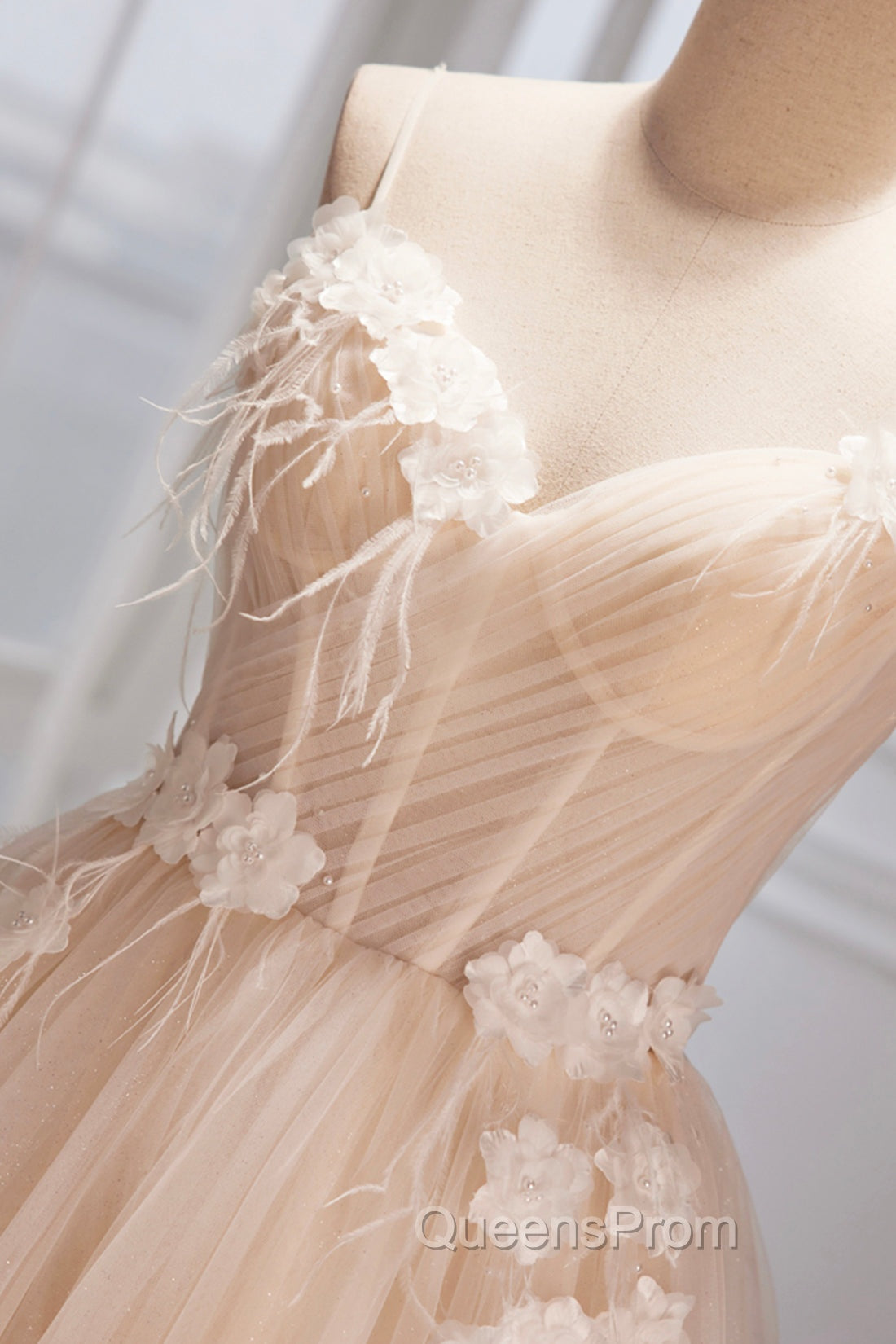 Champagne Spaghetti Strap Tulle Evening Dress with Feathers, Cute A-Line Evening Dress