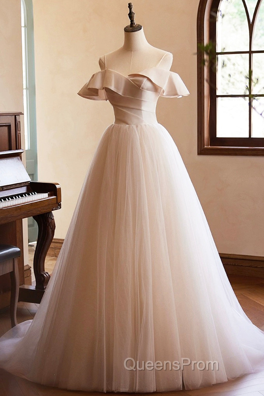 Champagne Spaghetti Straps Floor Length Evening Prom Dress, A-Line Sleeveless Backless Evening Party Dress