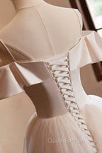 Champagne Spaghetti Straps Floor Length Evening Prom Dress, A-Line Sleeveless Backless Evening Party Dress