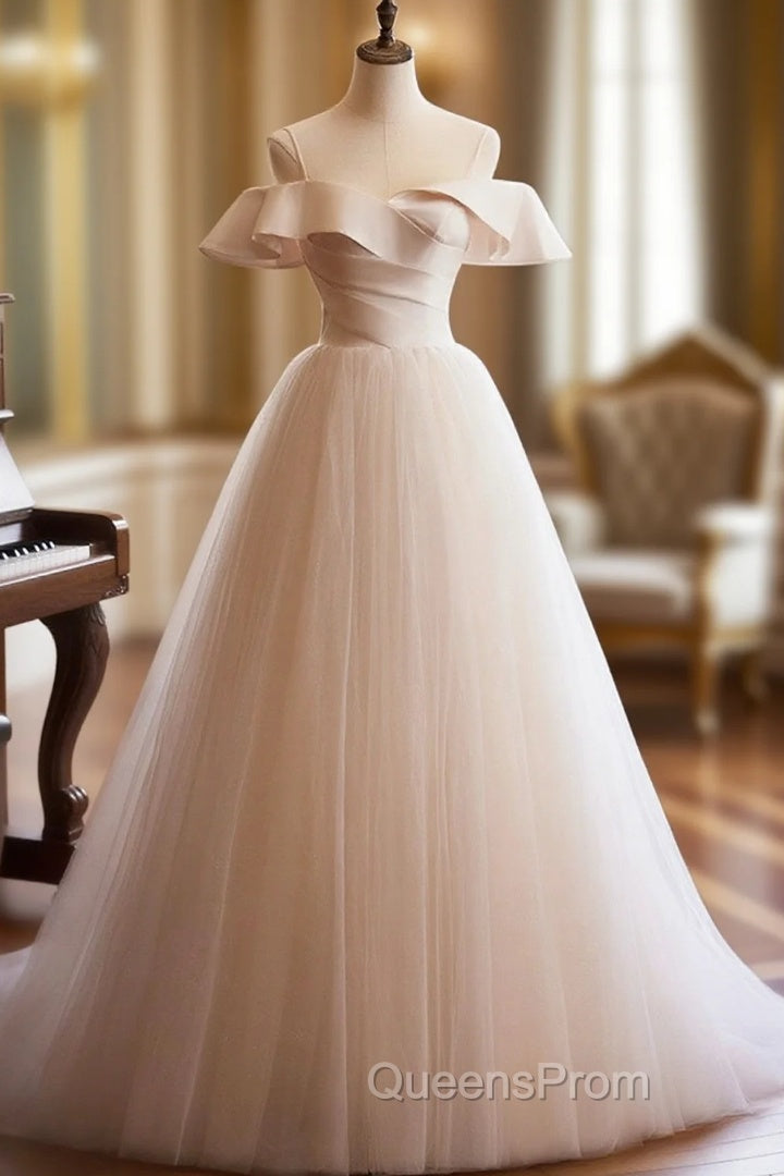 Champagne Spaghetti Straps Floor Length Evening Prom Dress, A-Line Sleeveless Backless Evening Party Dress Main image