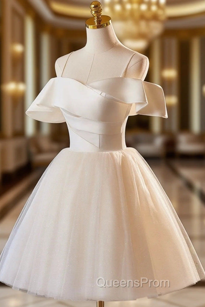 Champagne Spaghetti Straps Knee Length Evening Prom Dress, A-Line Sleeveless Backless Party Dress