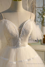 Champagne Spaghetti Straps Lace Short Prom Dress,  A-Line Party Dress