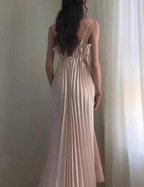Champagne Spaghetti Straps Long Classy Prom Dress Pleated Classy Evening Dress