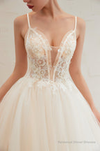 Champagne Spaghetti Straps V-neck Floor Length A-line Lace Tulle Wedding Dresses