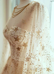 Champagne Stars A-Line Tulle Long Formal Dress, Champagne Evening Prom Dress