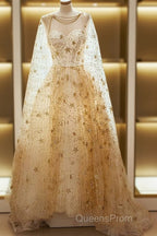 Champagne Stars A-Line Tulle Long Formal Dress, Champagne Evening Prom Dress