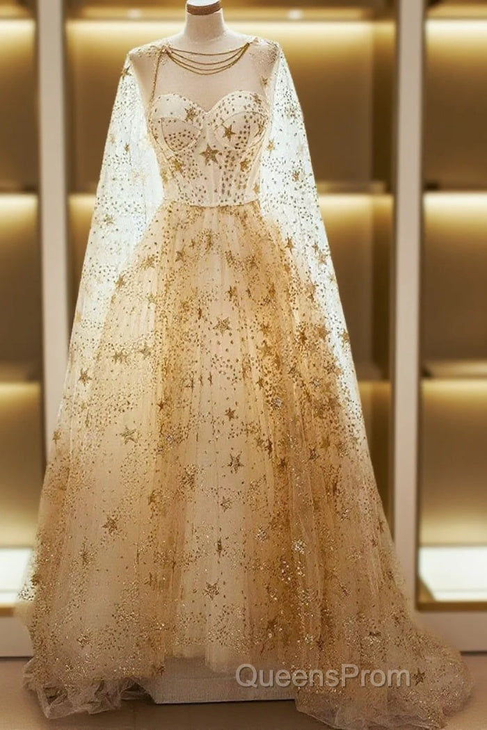 Champagne Stars A-Line Tulle Long Formal Dress, Champagne Evening Prom Dress