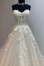 Champagne Strapless Lace Long Evening Prom Dress, A-Line Evening Dress