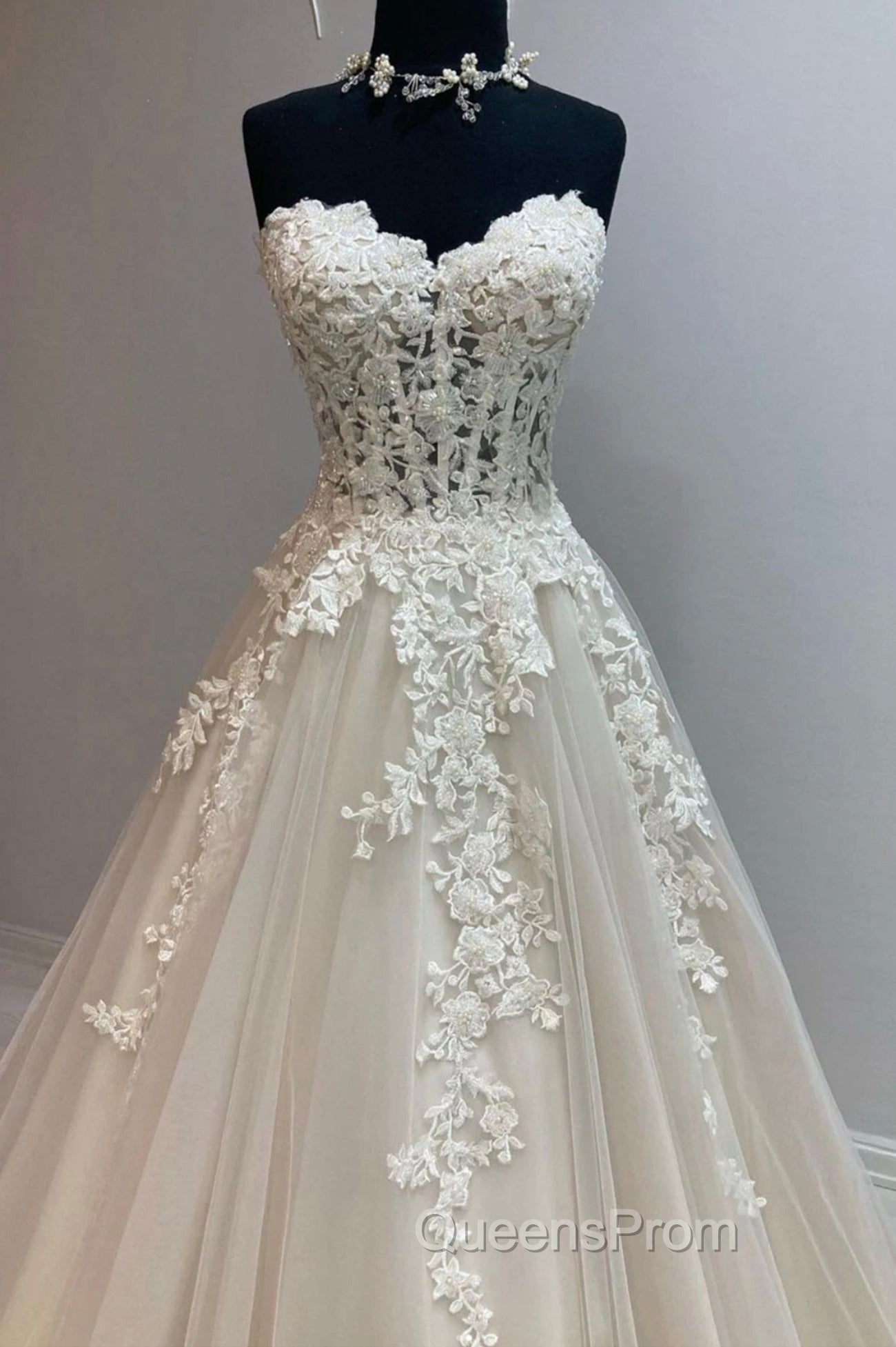 Champagne Strapless Lace Long Evening Prom Dress, A-Line Evening Dress