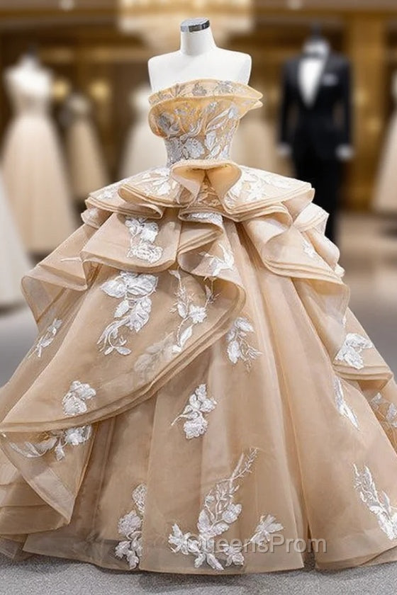 Champagne Strapless Tulle Appliques Evening Prom Dress