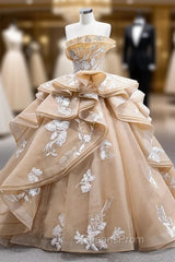 Champagne Strapless Tulle Appliques Evening Prom Dress