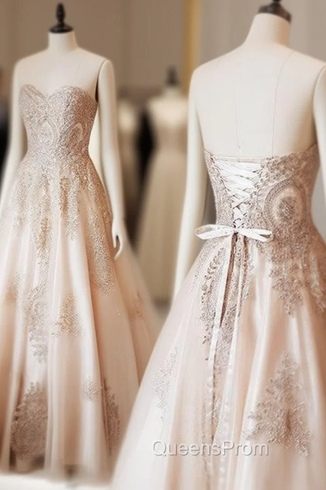 Champagne Sweetheart Lace Applique Long Evening Prom Dress, Champagne Evening Dress Main image