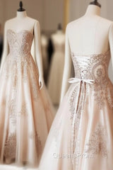 Champagne Sweetheart Lace Applique Long Evening Prom Dress, Champagne Evening Dress