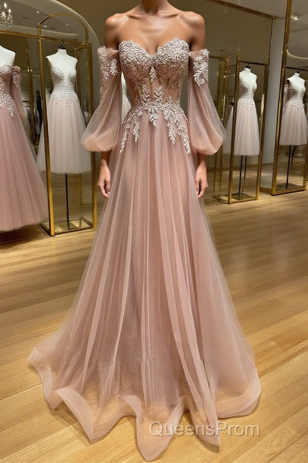 Champagne sweetheart neck tulle lace long Evening Prom Dress, lace evening Dress Main image